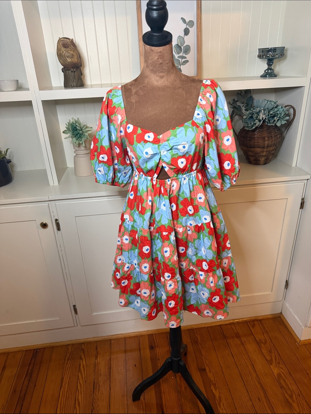 Altar'd State Red Floral Mini Dress with Puff Sleeves